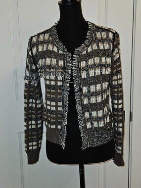 Cabi Womens XS Plaid Knit Fringe Cardigan Sweater Brown Tan Long Sleeve